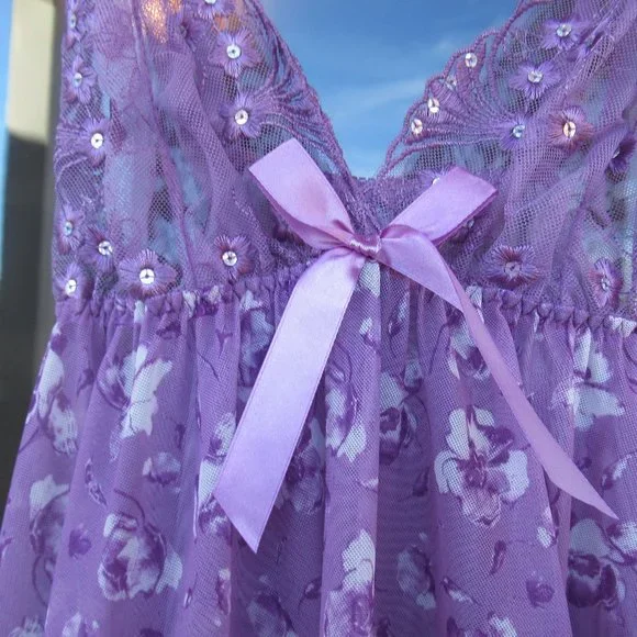 NWT sheer floral nighty panty set embroidered & sequin accents size S - Picture 6 of 14